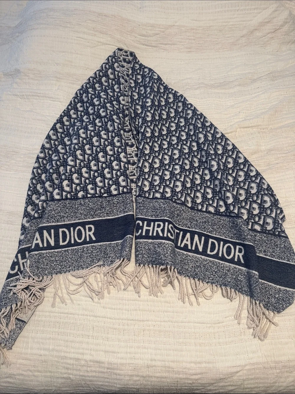 Dior Navy & Cream Logo Fringe Shawl